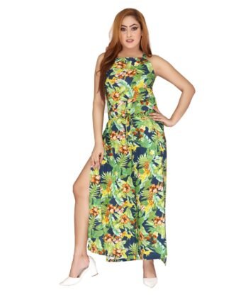 Women's Tropical Floral Maxi Dress - Halter Neck, Side Slit, & Multicolor Print