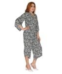 Women’s Monochrome Floral Print Bell Sleeve Jumpsuit – V-Neck, Cropped Wide-Leg